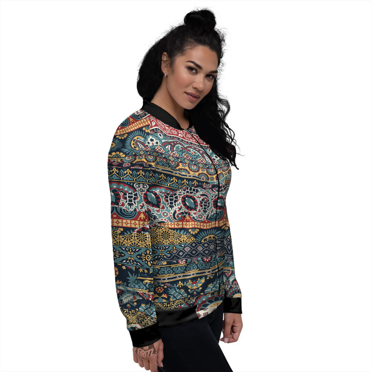 Abstract Arabian Paisley Print Women's Bomber Jacket-grizzshop