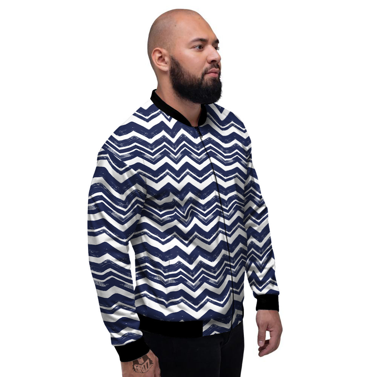 Abstract Chevron Watercolor Blue Print Pattern Men's Bomber Jacket-grizzshop