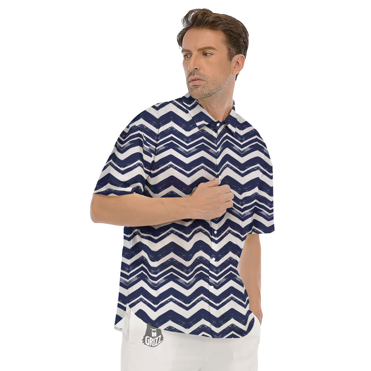 Abstract Chevron Watercolor Blue Print Pattern Men's Short Sleeve Shirts-grizzshop