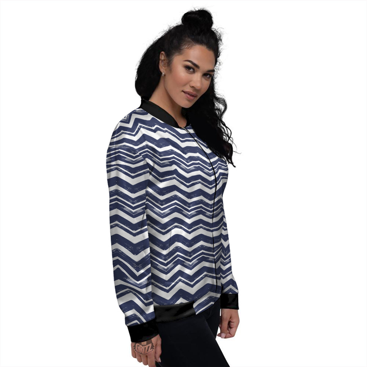 Abstract Chevron Watercolor Blue Print Pattern Women's Bomber Jacket-grizzshop