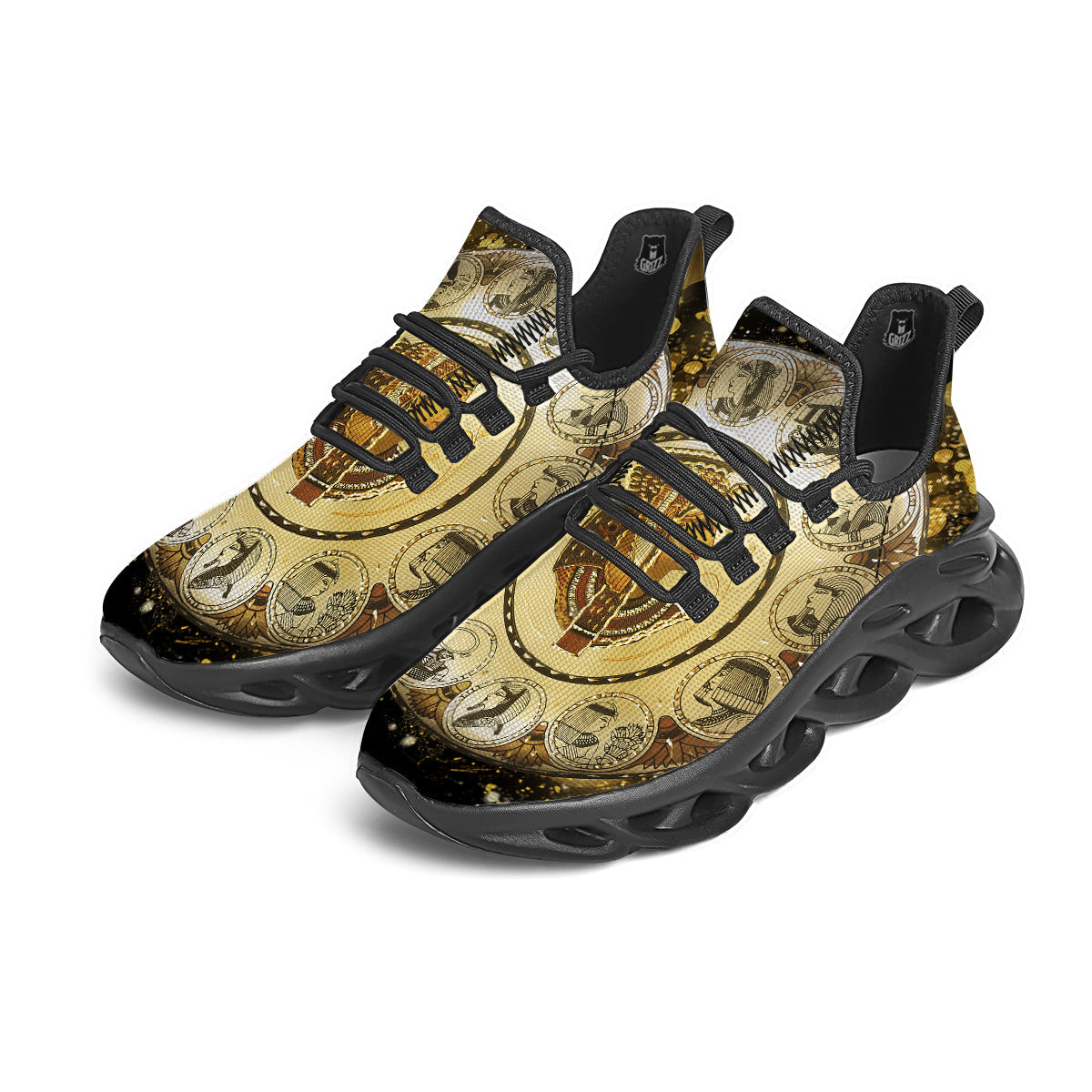 Abstract Cleopatra Print Black Running Shoes-grizzshop