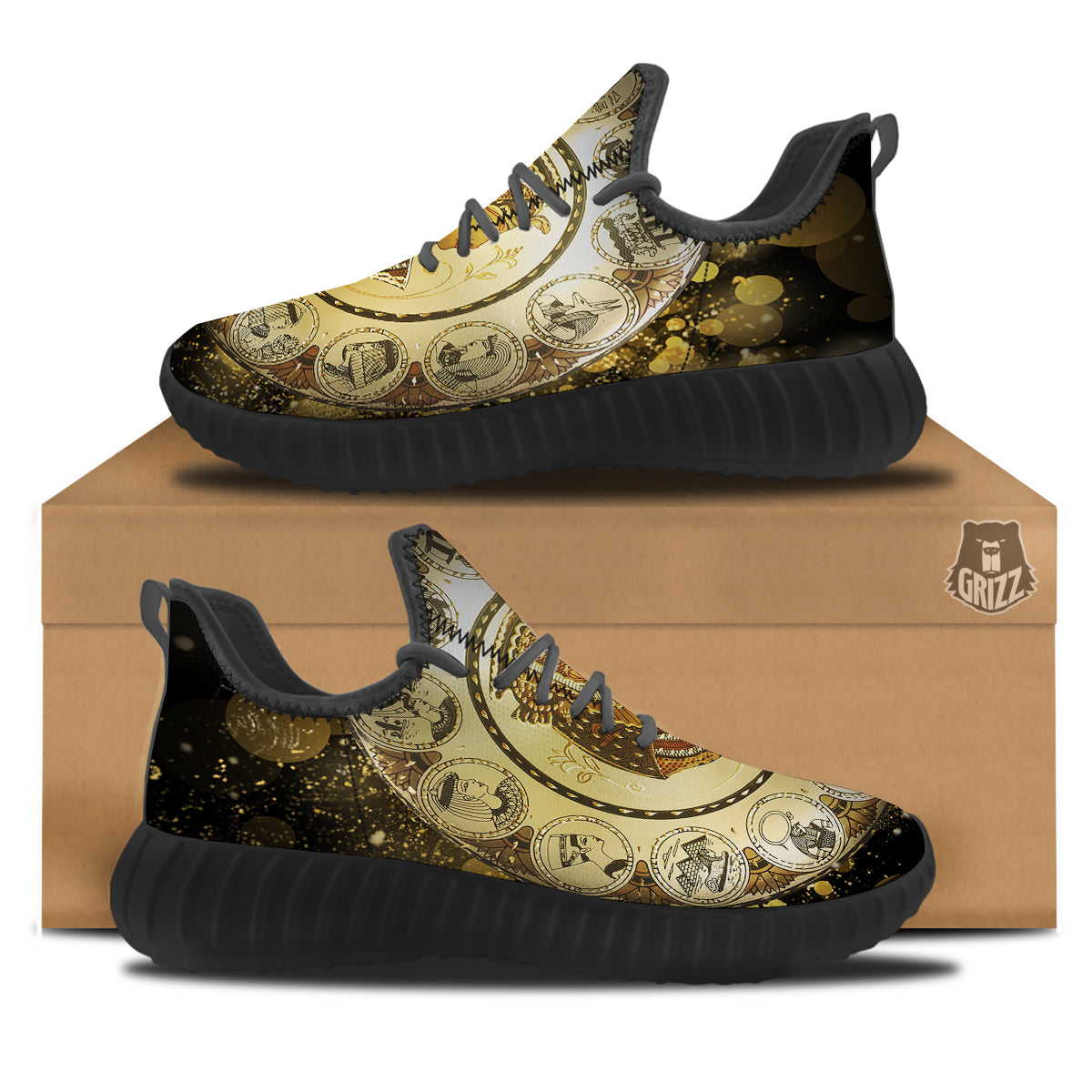Abstract Cleopatra Print Black Walking Shoes-grizzshop