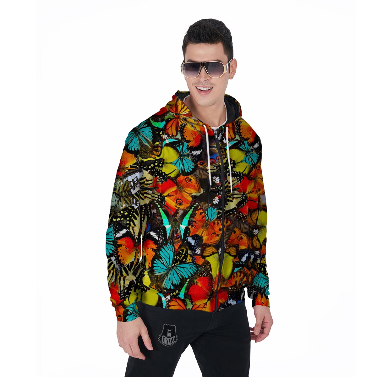 Abstract Colorful Butterfly Print Men's Zip Up Hoodie-grizzshop