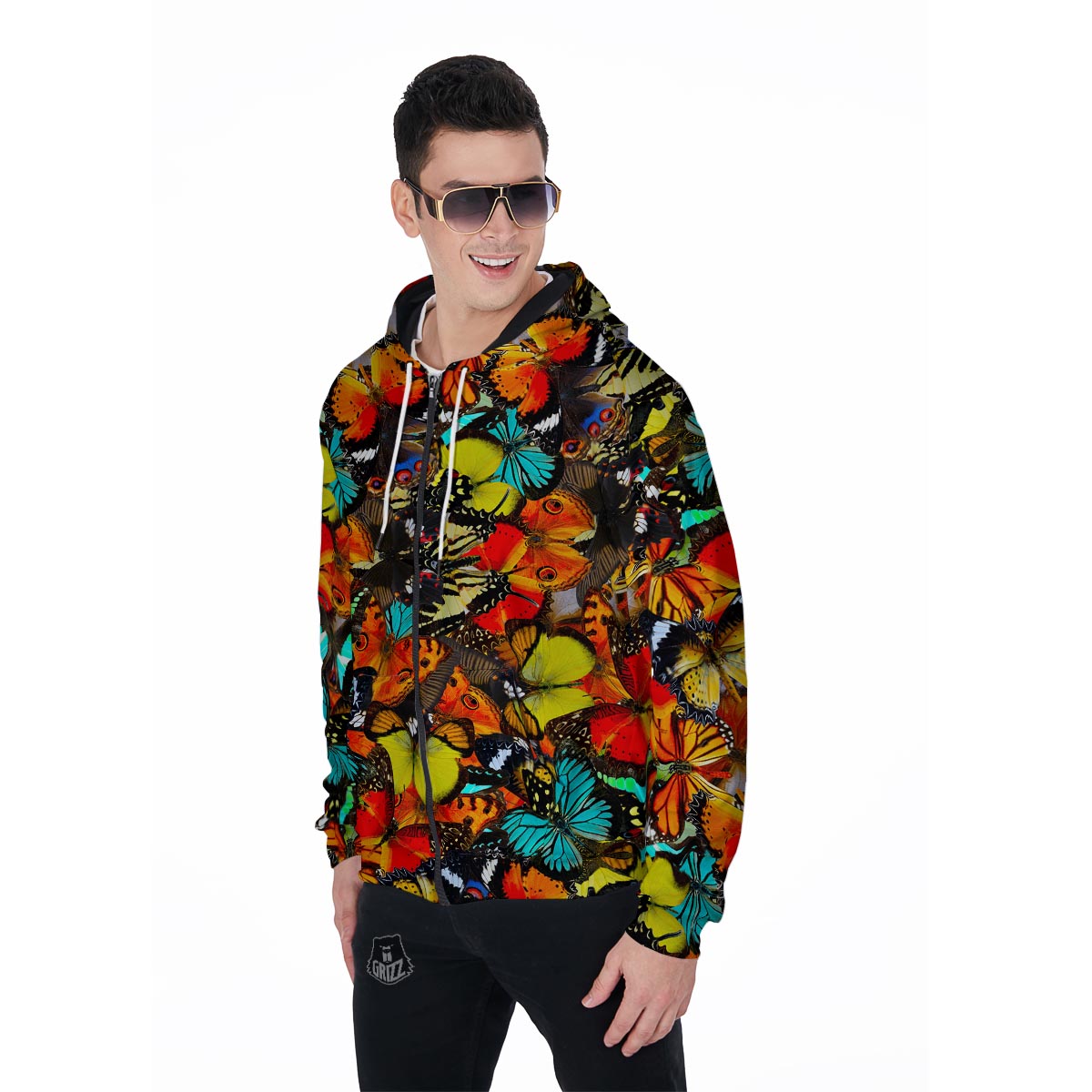 Abstract Colorful Butterfly Print Men's Zip Up Hoodie-grizzshop