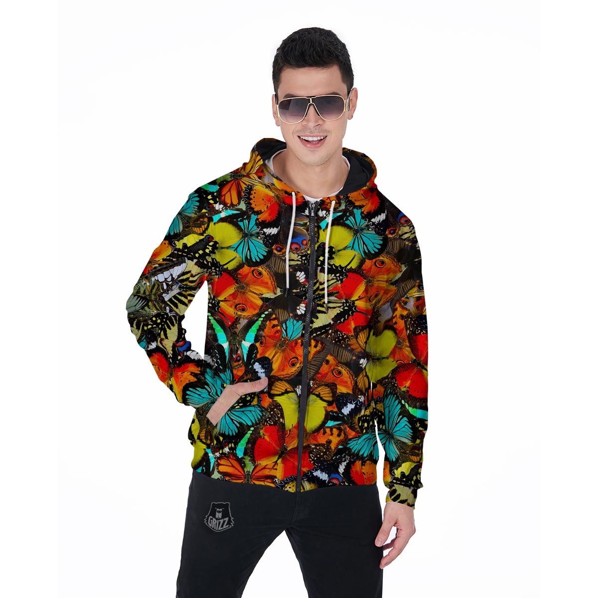 Abstract Colorful Butterfly Print Men's Zip Up Hoodie-grizzshop
