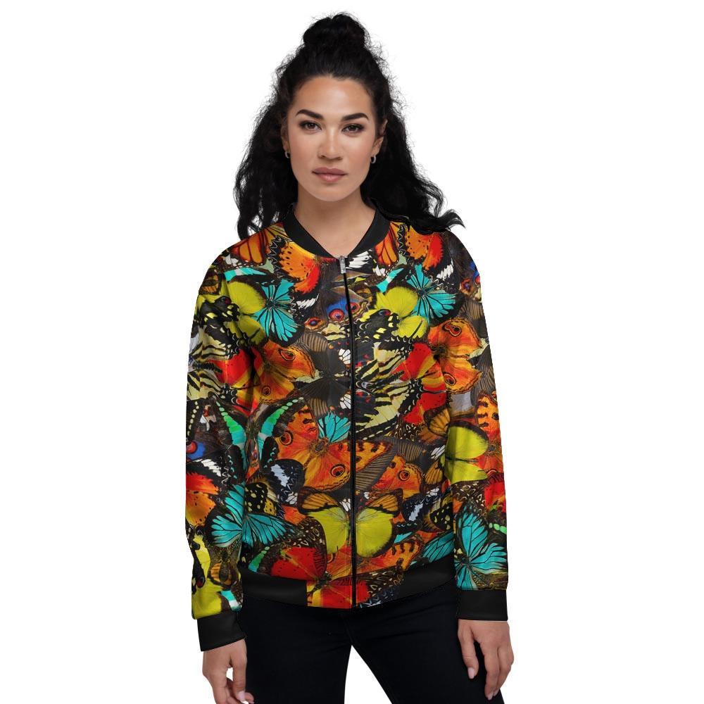 Abstract Colorful Butterfly Print Women's Bomber Jacket-grizzshop