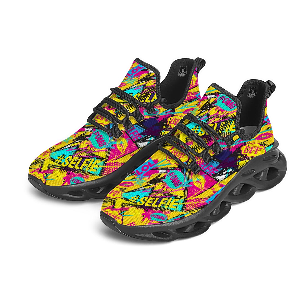 Abstract Comic Bubble Graffiti Print Black Running Shoes-grizzshop
