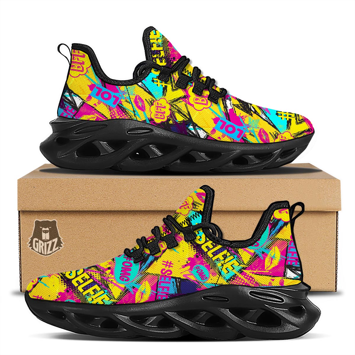 Abstract Comic Bubble Graffiti Print Black Running Shoes-grizzshop