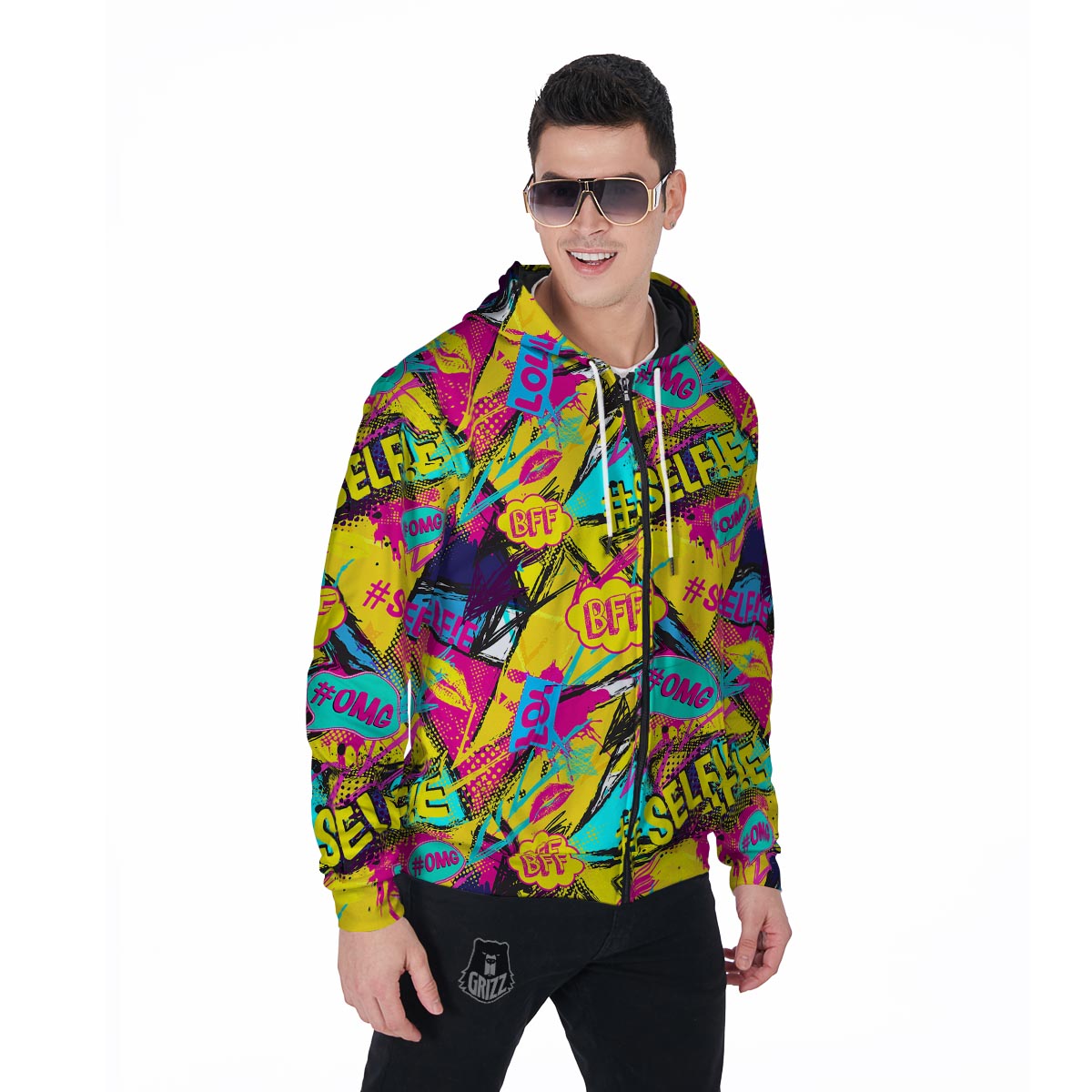 Abstract Comic Bubble Graffiti Print Men's Zip Up Hoodie-grizzshop