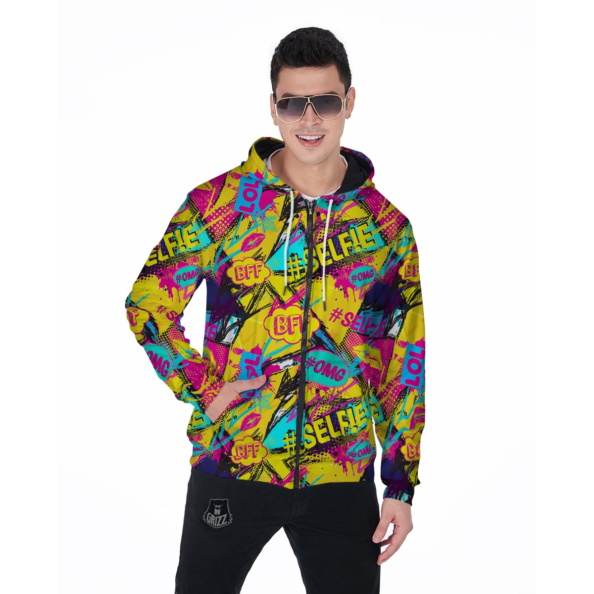 Abstract Comic Bubble Graffiti Print Men's Zip Up Hoodie-grizzshop