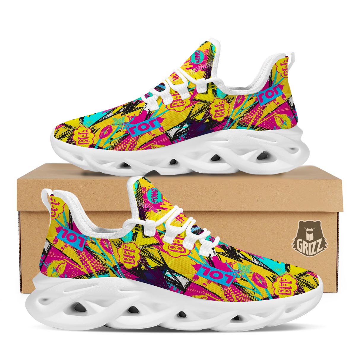 Abstract Comic Bubble Graffiti Print White Running Shoes-grizzshop