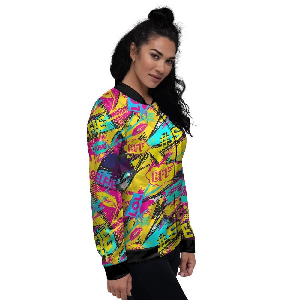 Abstract Comic Bubble Graffiti Print Women's Bomber Jacket-grizzshop