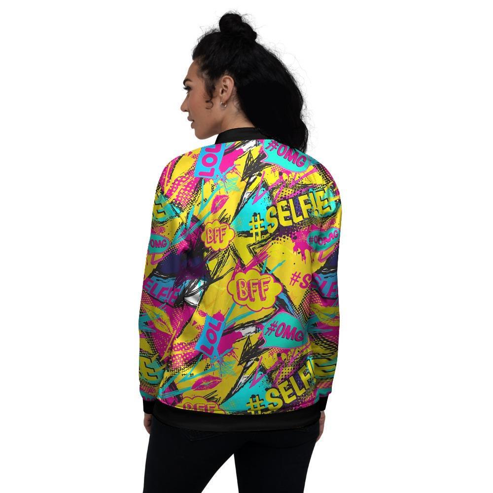 Abstract Comic Bubble Graffiti Print Women's Bomber Jacket-grizzshop