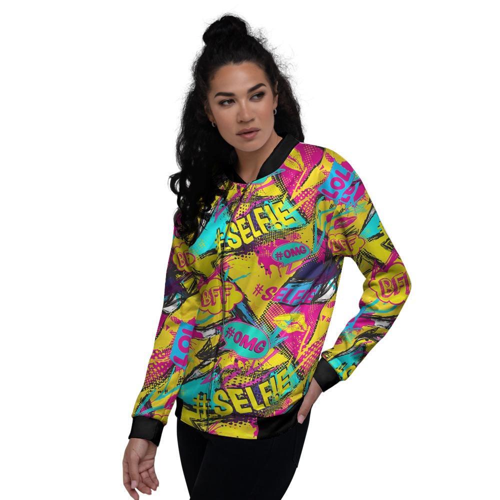 Abstract Comic Bubble Graffiti Print Women's Bomber Jacket-grizzshop