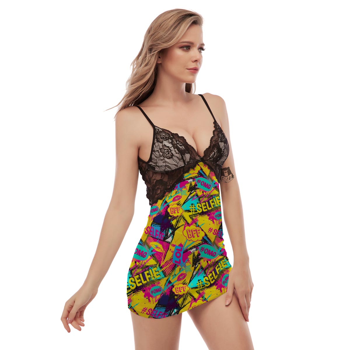 Abstract Comic Bubble Graffiti Print Women's Sexy Night Dress-grizzshop