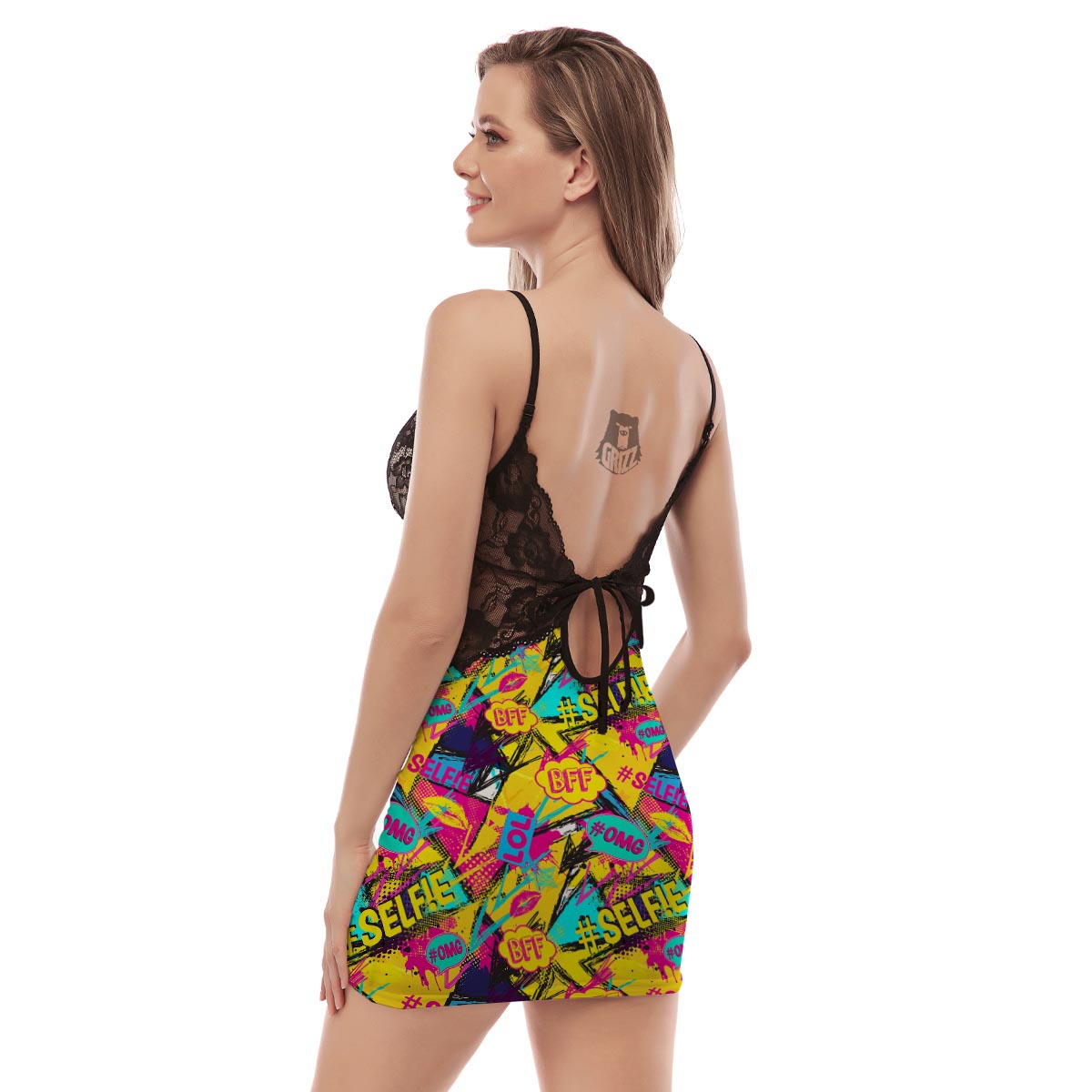 Abstract Comic Bubble Graffiti Print Women's Sexy Night Dress-grizzshop