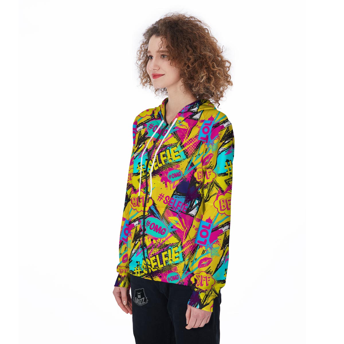 Abstract Comic Bubble Graffiti Print Women's Zip Up Hoodie-grizzshop