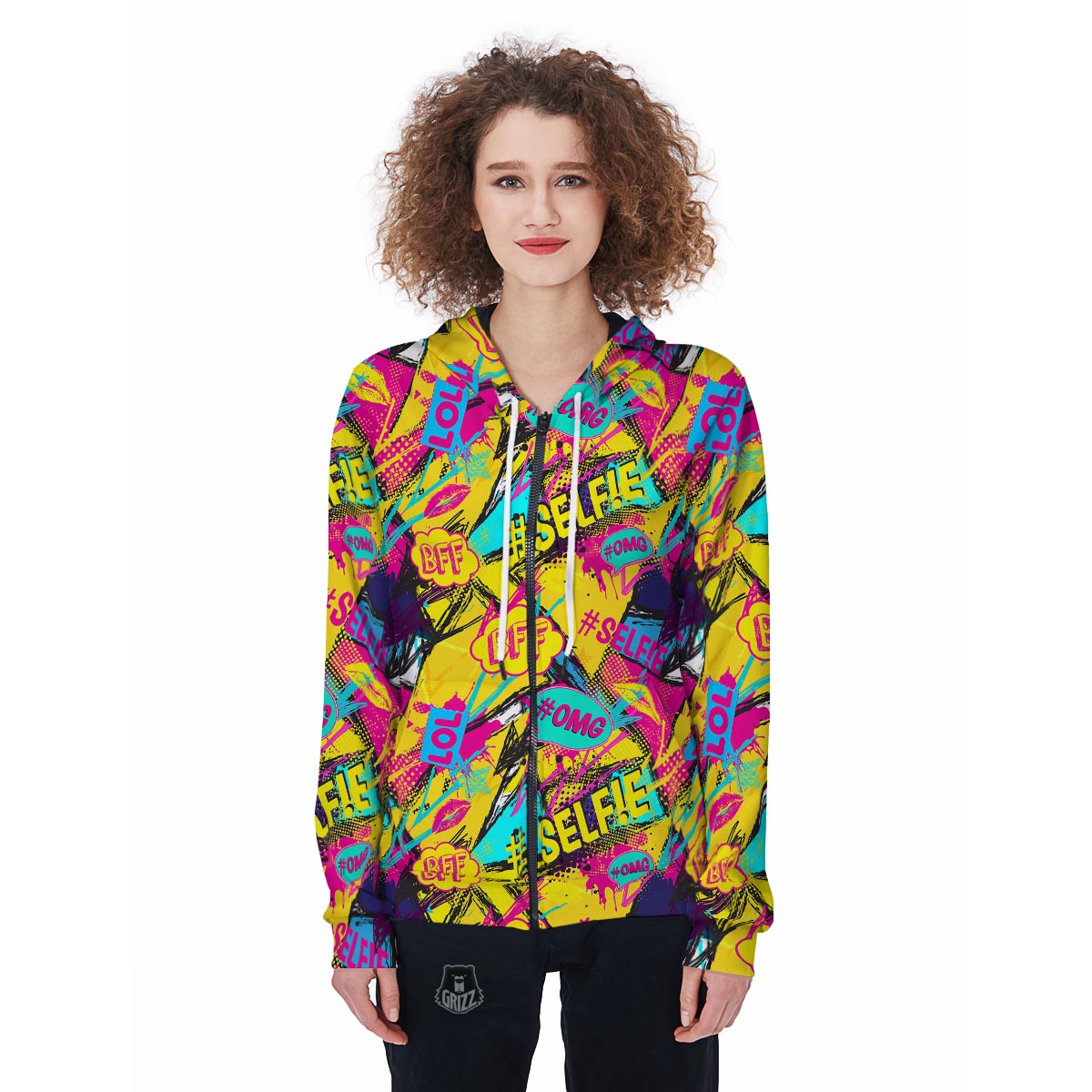 Abstract Comic Bubble Graffiti Print Women's Zip Up Hoodie-grizzshop