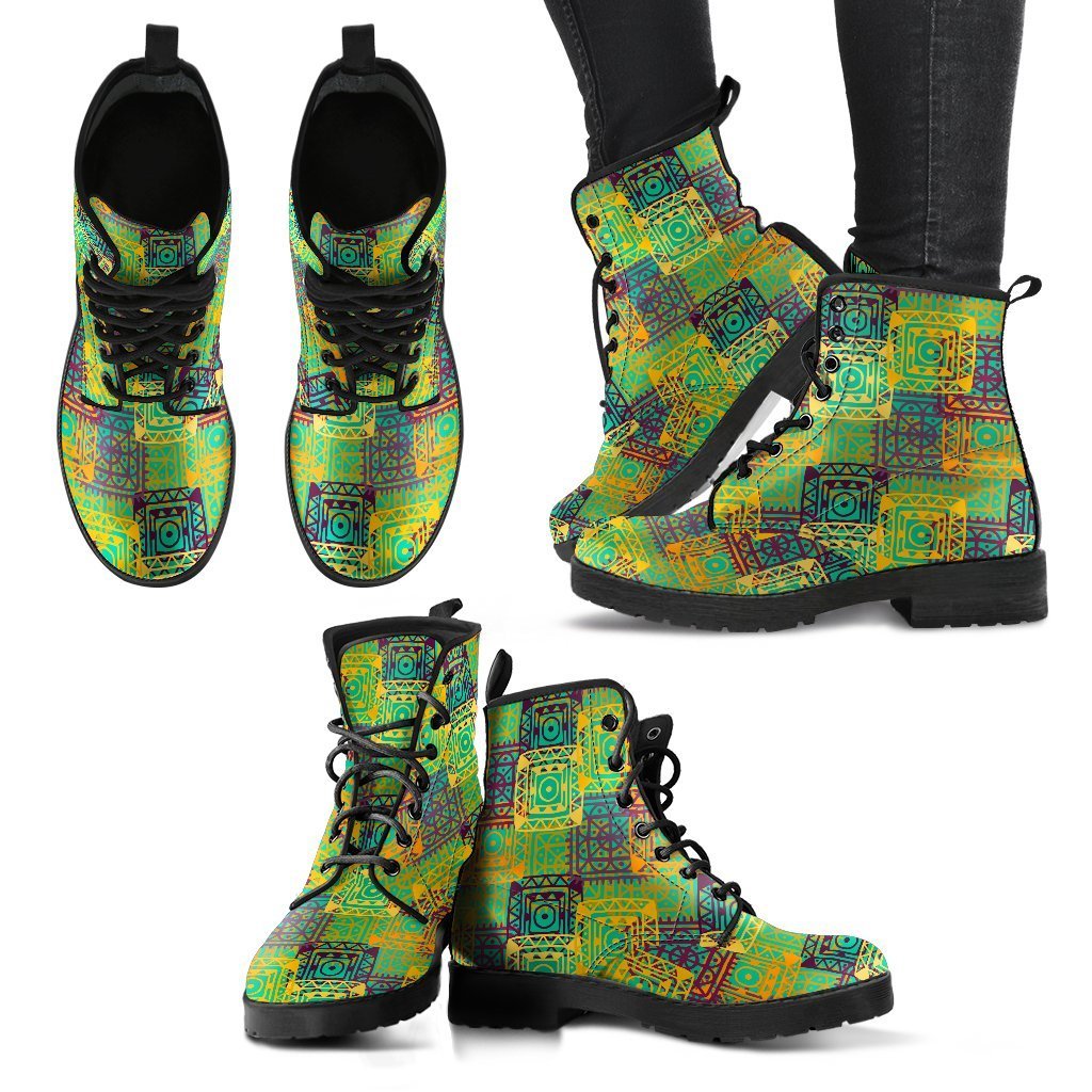 Abstract Ethnic Green Leather Boots for Women-grizzshop