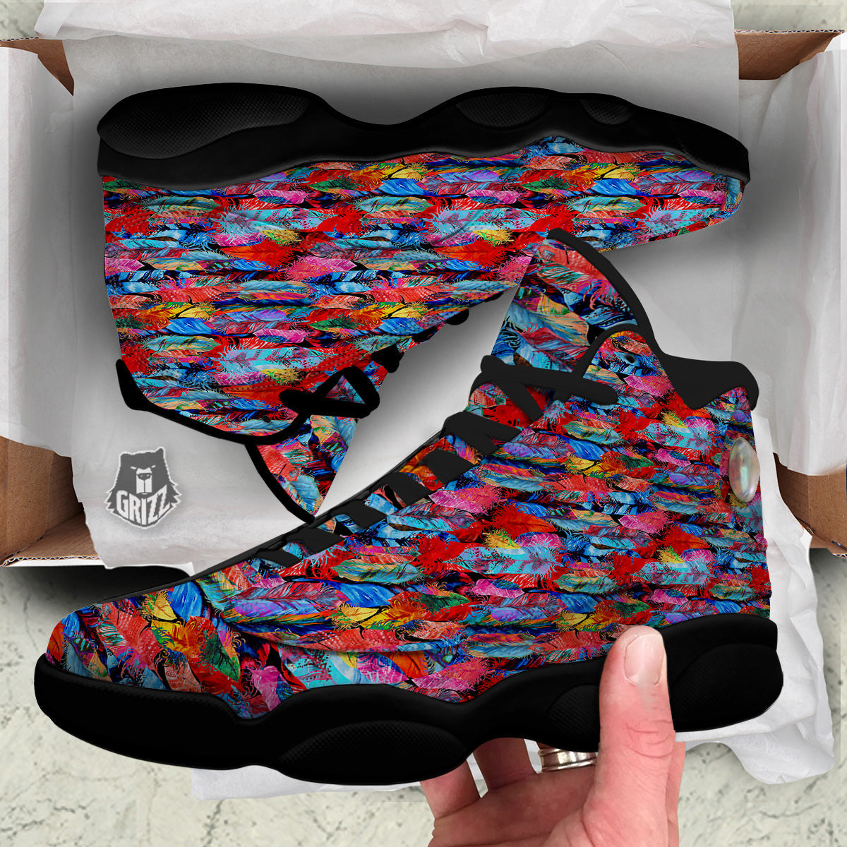 Abstract Feather Watercolor Boho Print Pattern Black Basketball Shoes-grizzshop