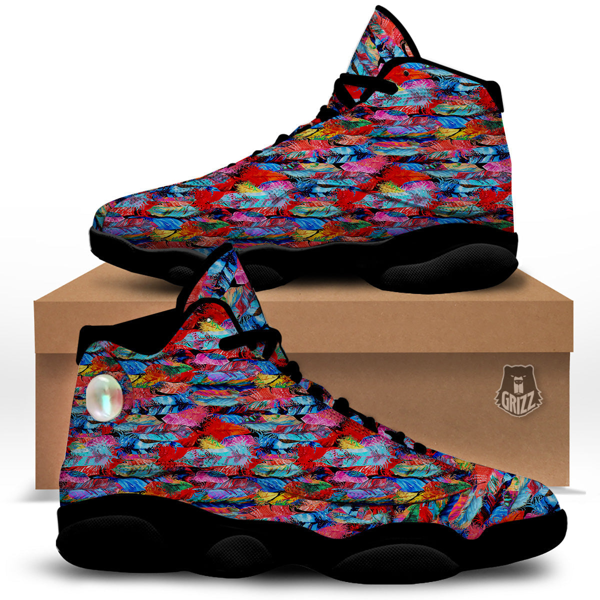 Abstract Feather Watercolor Boho Print Pattern Black Basketball Shoes-grizzshop