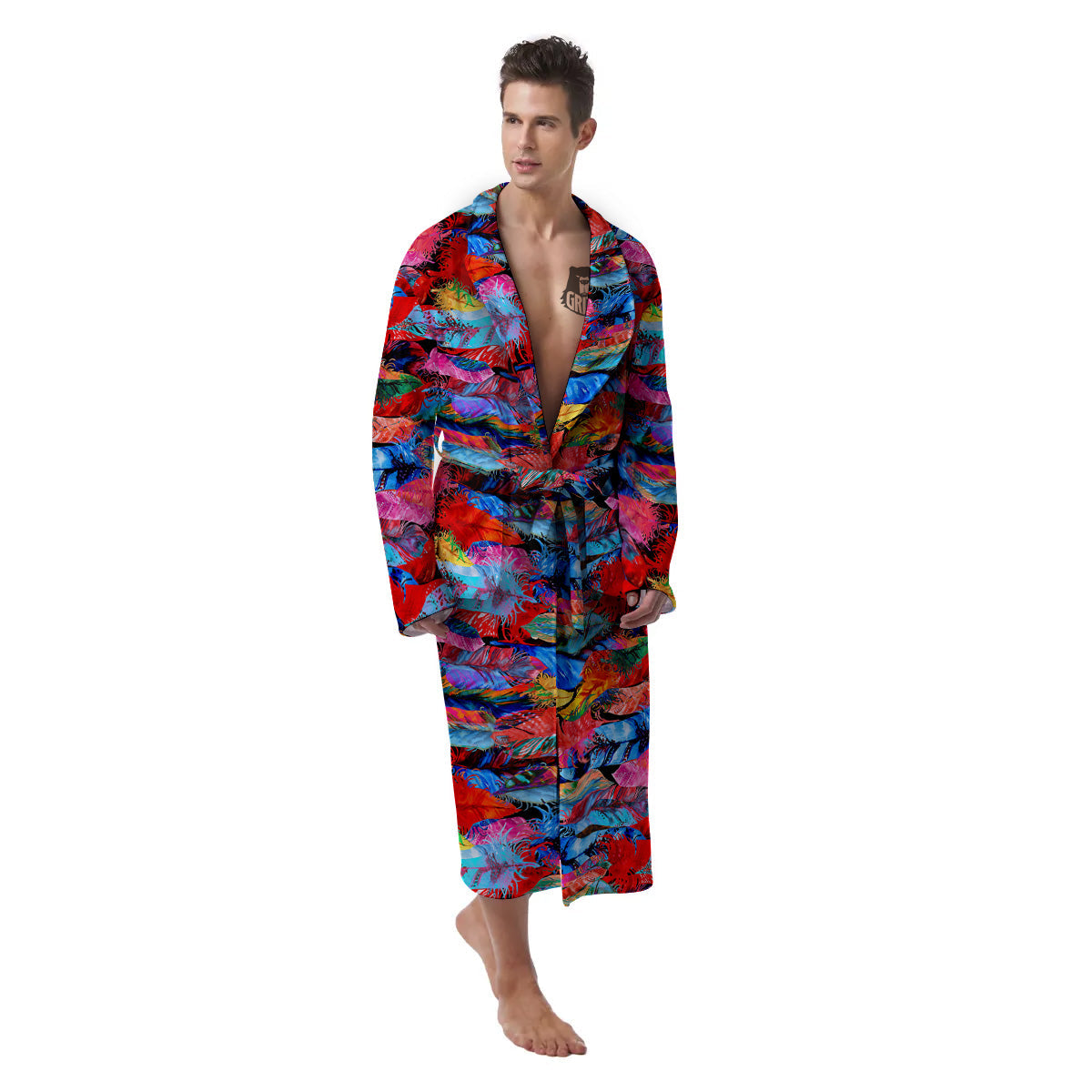 Abstract Feather Watercolor Boho Print Pattern Men's Robe-grizzshop