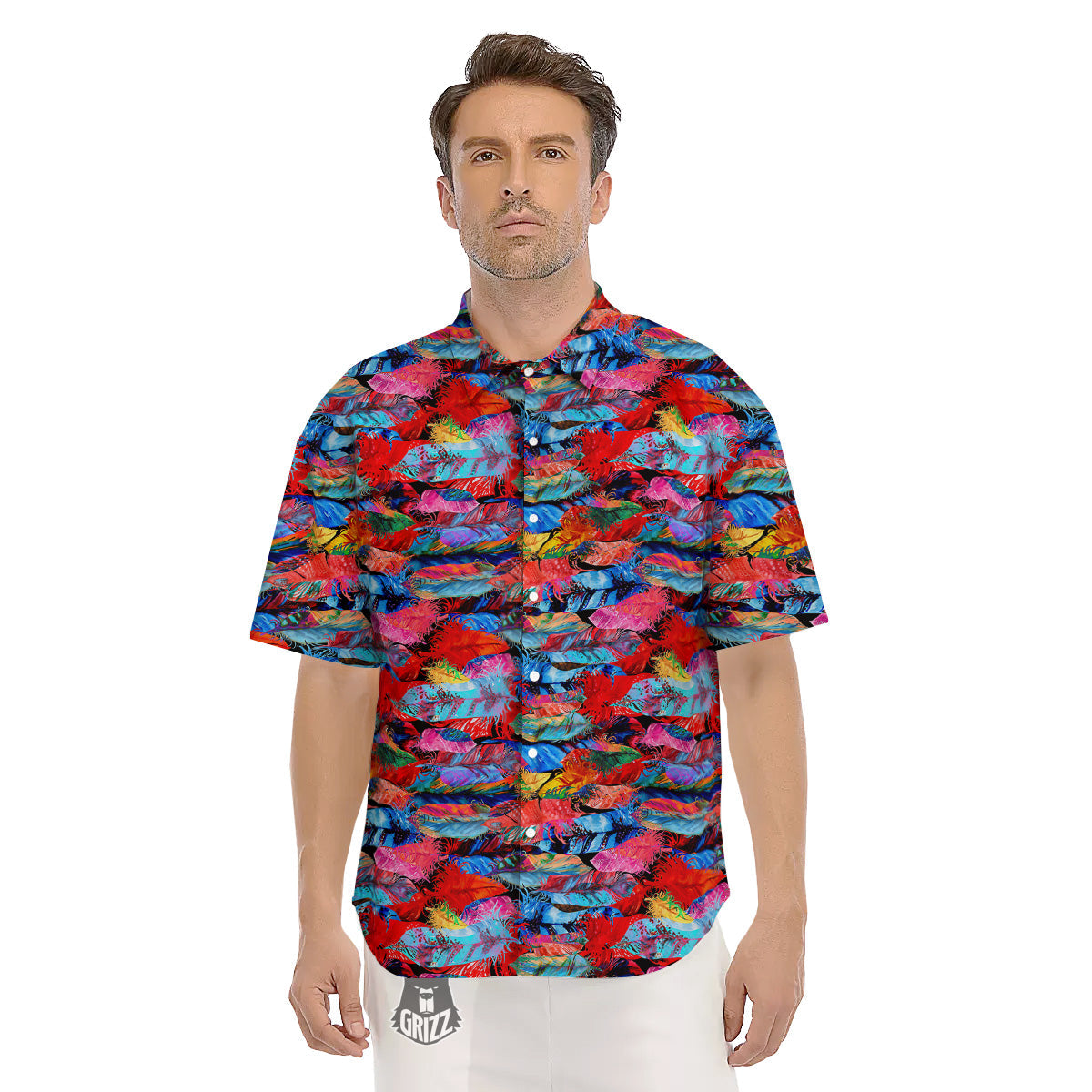 Abstract Feather Watercolor Boho Print Pattern Men's Short Sleeve Shirts-grizzshop
