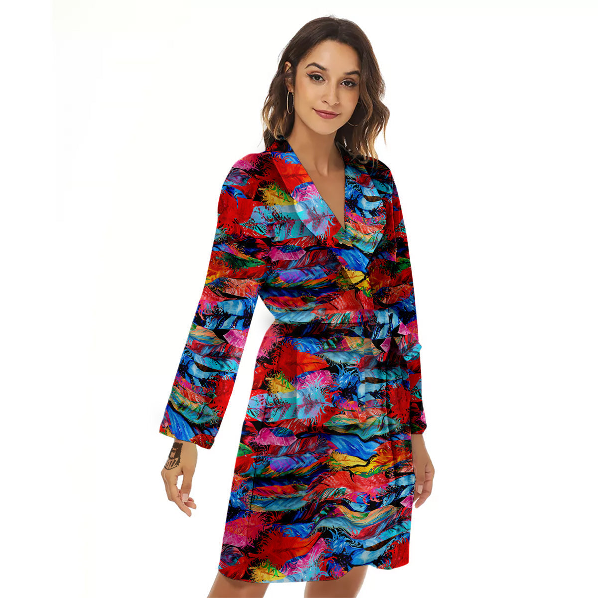Abstract Feather Watercolor Boho Print Pattern Women's Robe-grizzshop