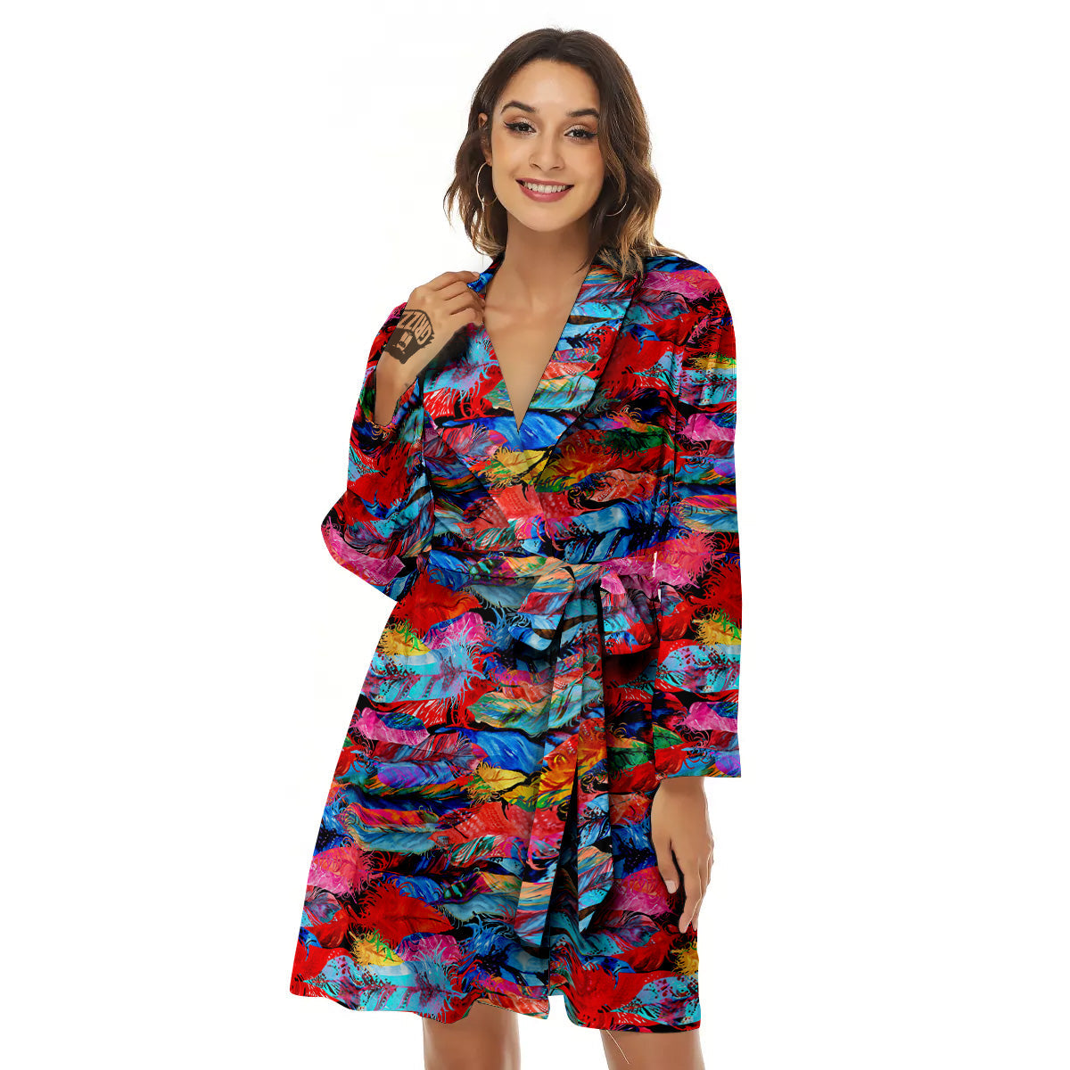 Abstract Feather Watercolor Boho Print Pattern Women's Robe-grizzshop