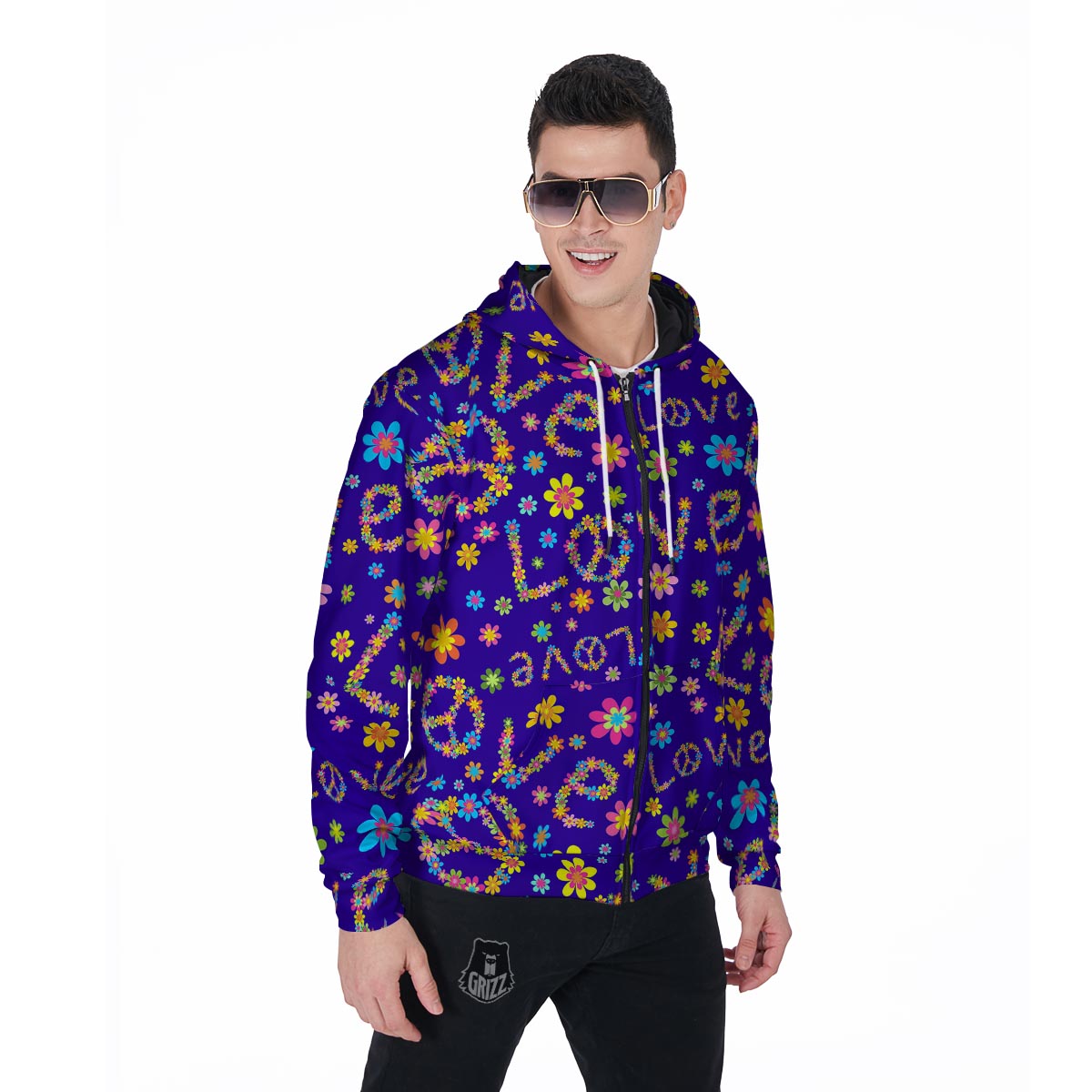Abstract Floral Hippie Men's Zip Up Hoodie-grizzshop