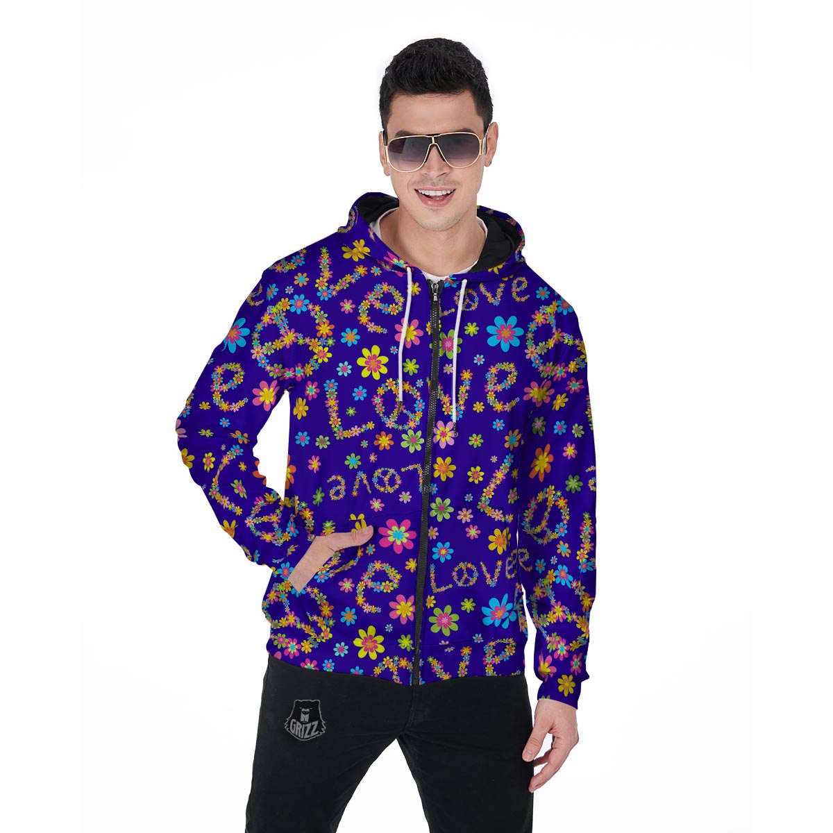 Abstract Floral Hippie Men's Zip Up Hoodie-grizzshop