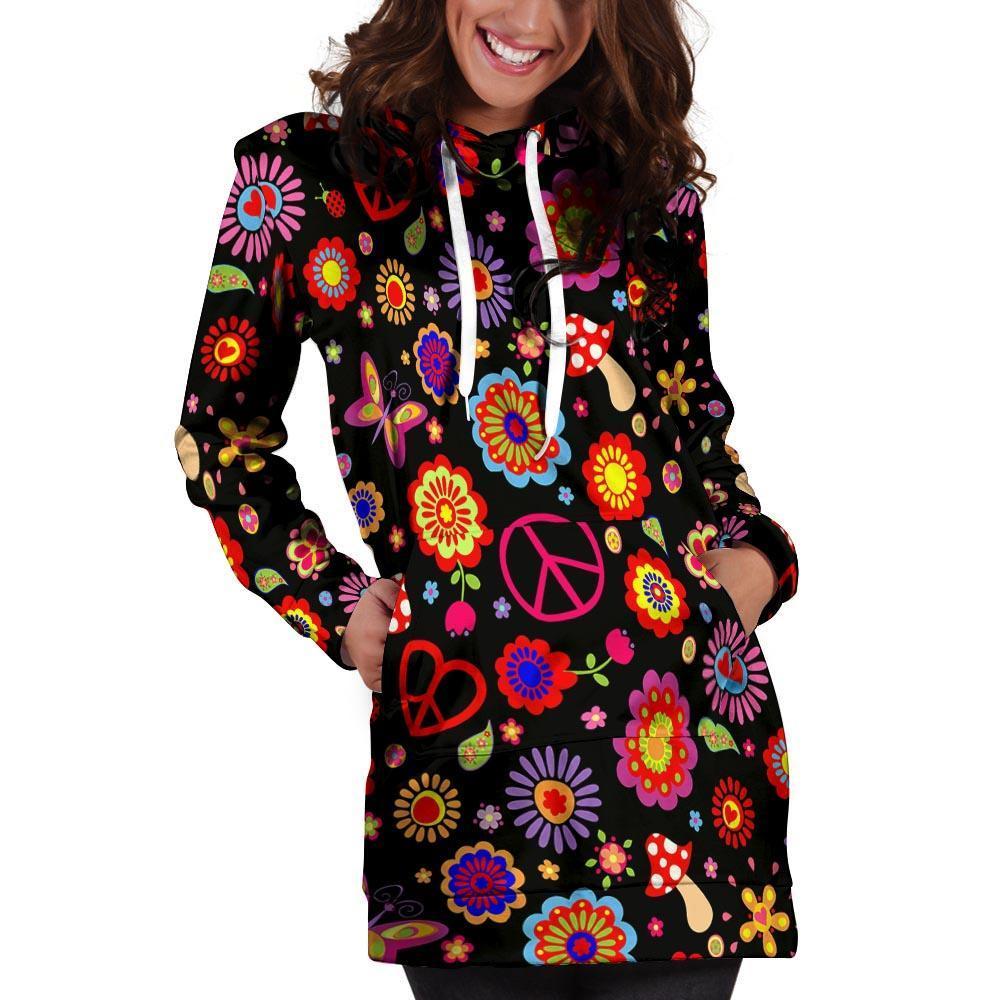 Abstract Flower Hippie Hoodie Dress-grizzshop