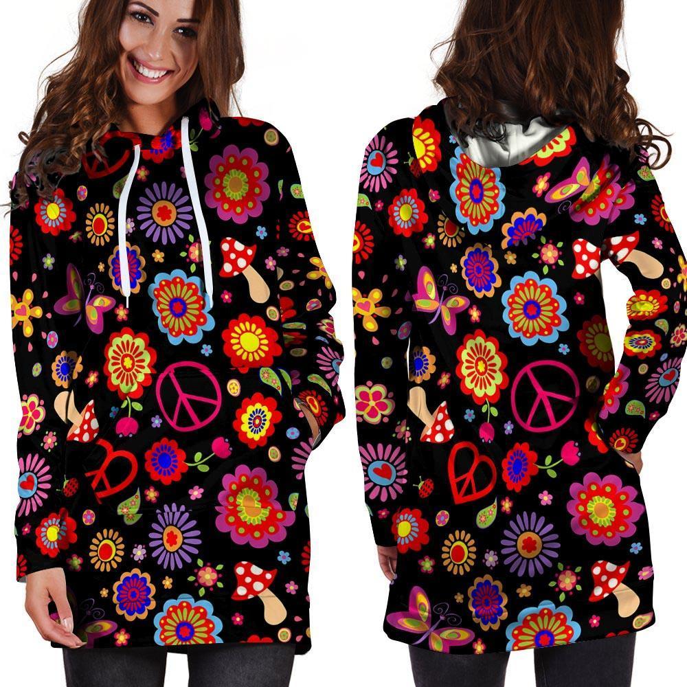 Abstract Flower Hippie Hoodie Dress-grizzshop