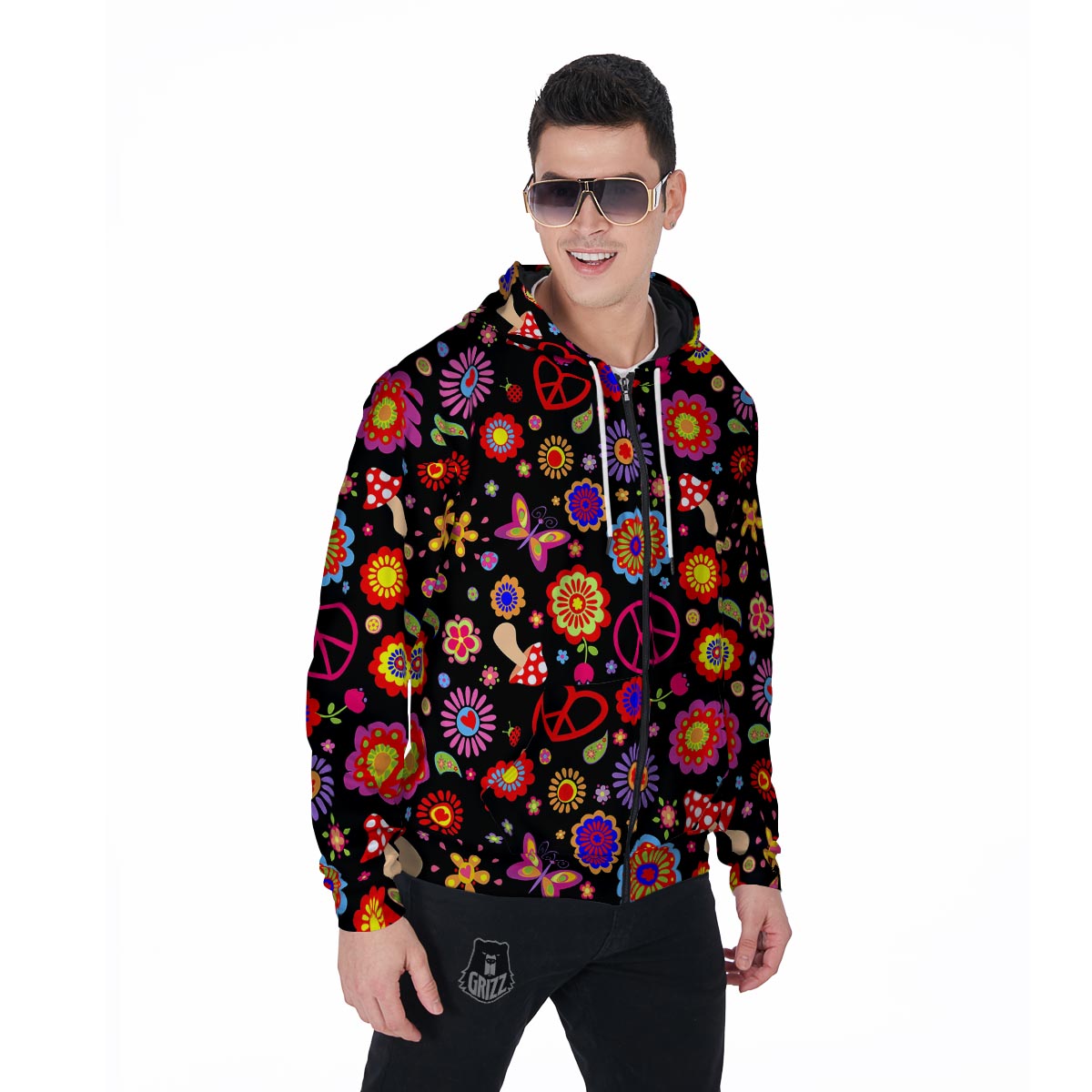 Abstract Flower Hippie Men's Zip Up Hoodie-grizzshop