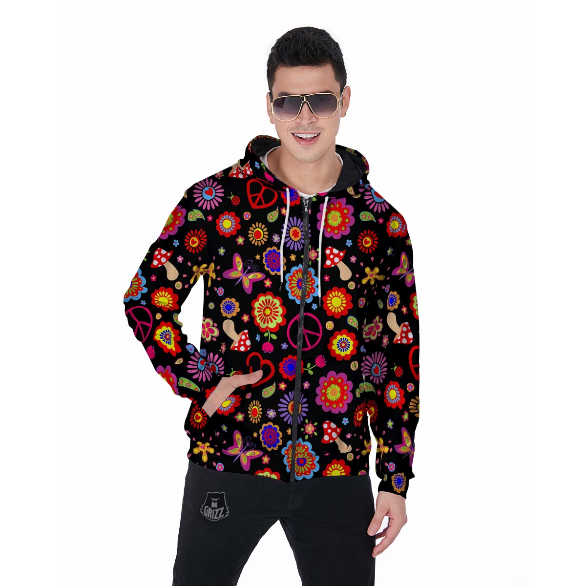Abstract Flower Hippie Men's Zip Up Hoodie-grizzshop