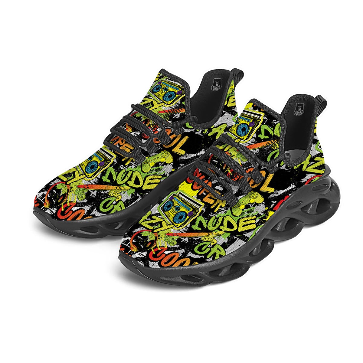 Abstract Graffiti Drips Print Black Running Shoes-grizzshop