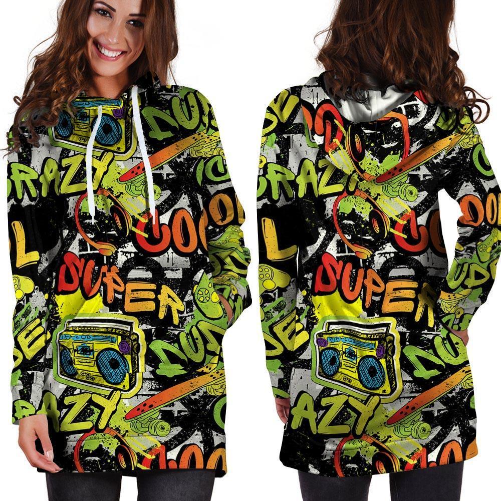 Abstract Graffiti Drips Print Hoodie Dress-grizzshop