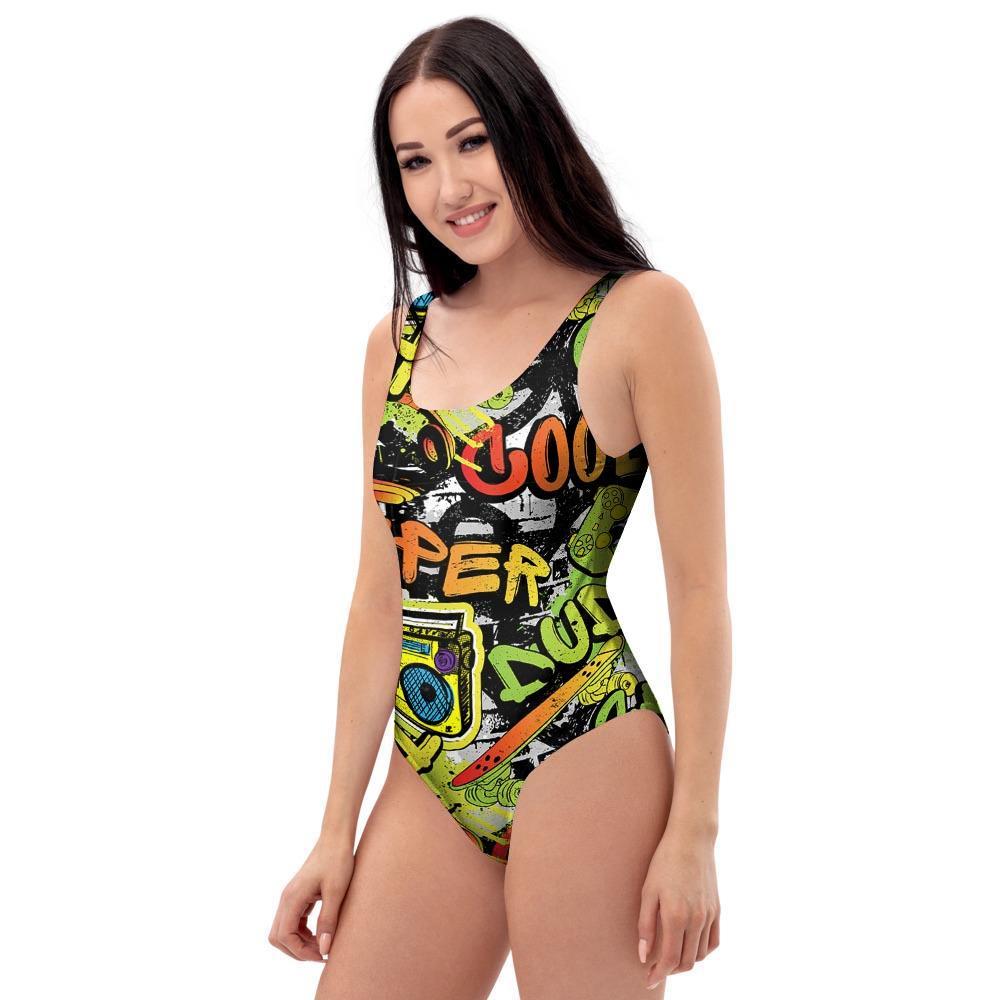 Abstract Graffiti Drips Print One Piece Swimsuite-grizzshop