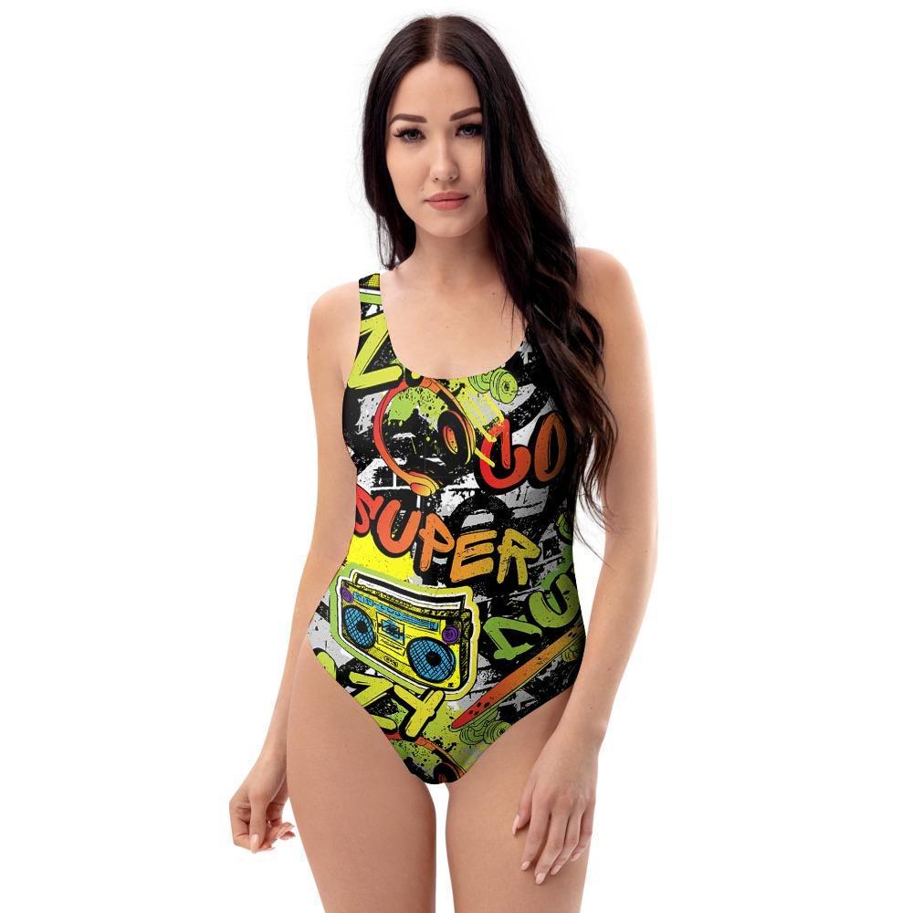 Abstract Graffiti Drips Print One Piece Swimsuite-grizzshop