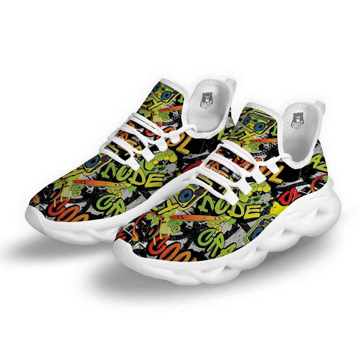Abstract Graffiti Drips Print White Running Shoes-grizzshop