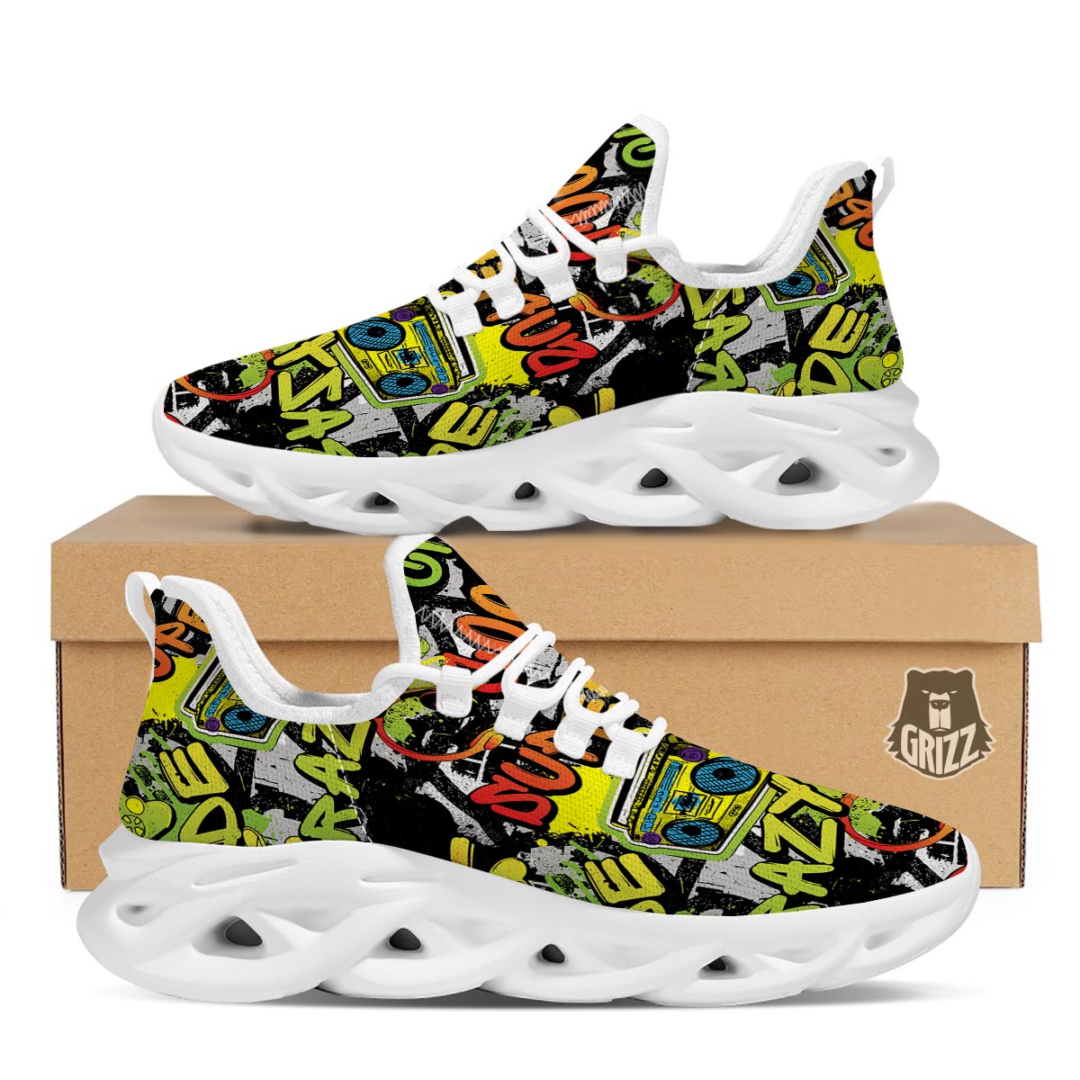 Abstract Graffiti Drips Print White Running Shoes-grizzshop