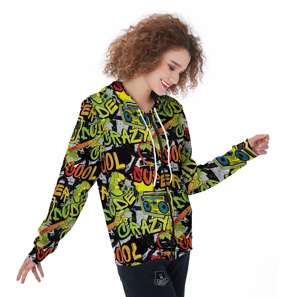 Abstract Graffiti Drips Print Women's Zip Up Hoodie-grizzshop