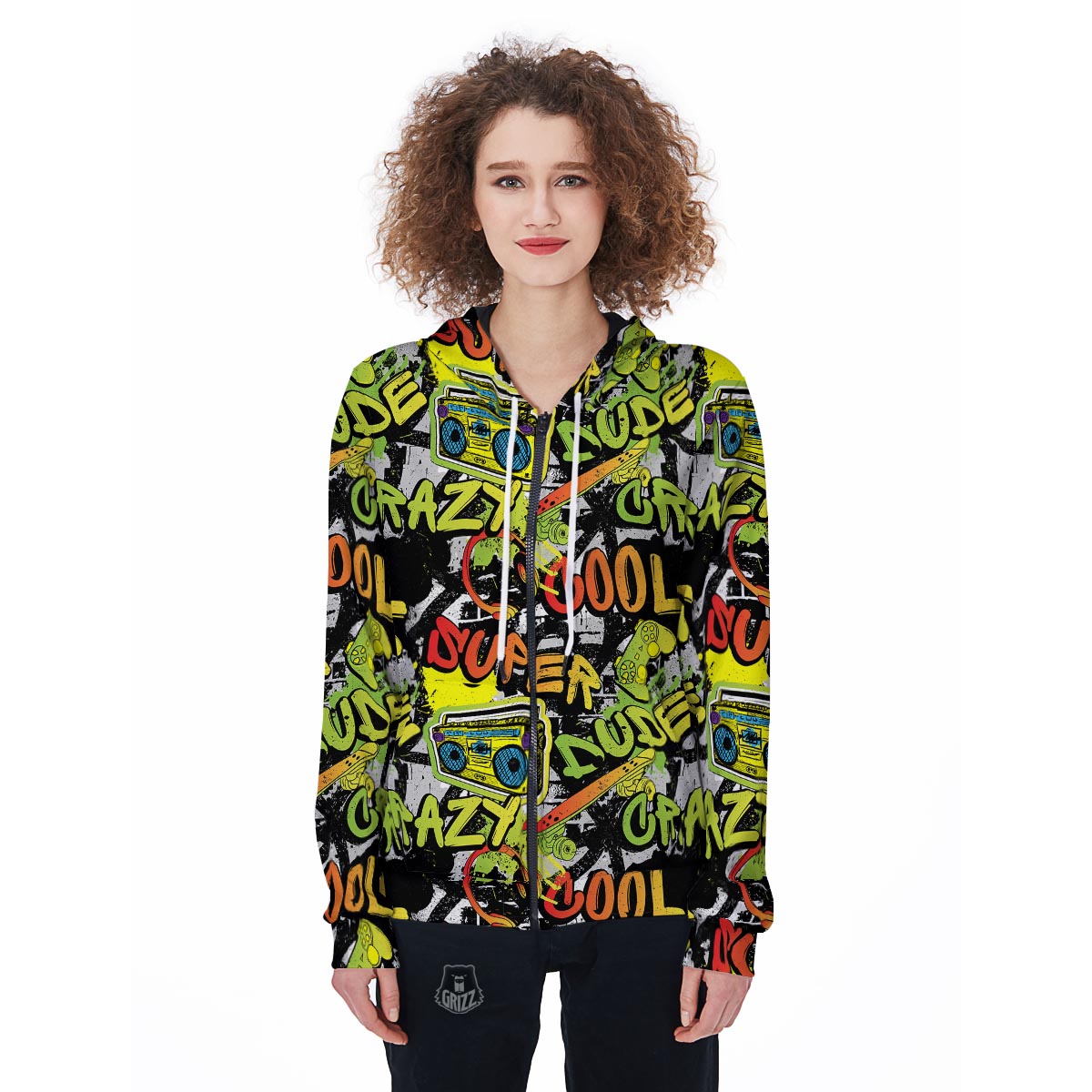 Abstract Graffiti Drips Print Women's Zip Up Hoodie-grizzshop