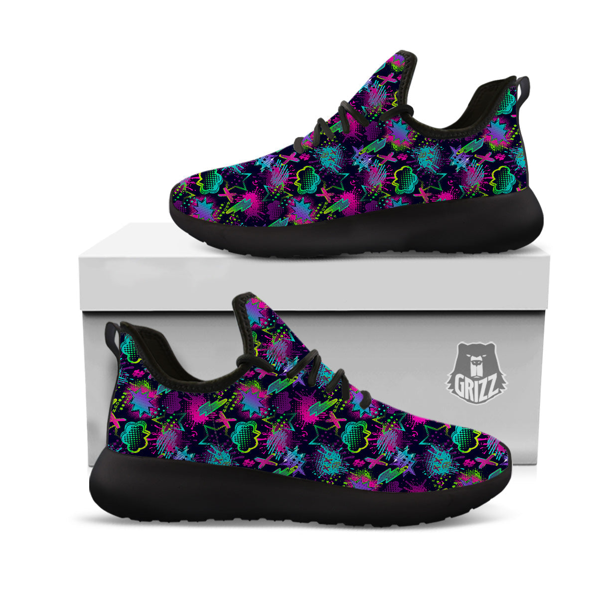 Abstract Graffiti Emoji Print Pattern Black Athletic Shoes-grizzshop