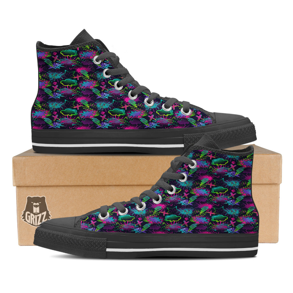 Abstract Graffiti Emoji Print Pattern Black High Top Shoes-grizzshop