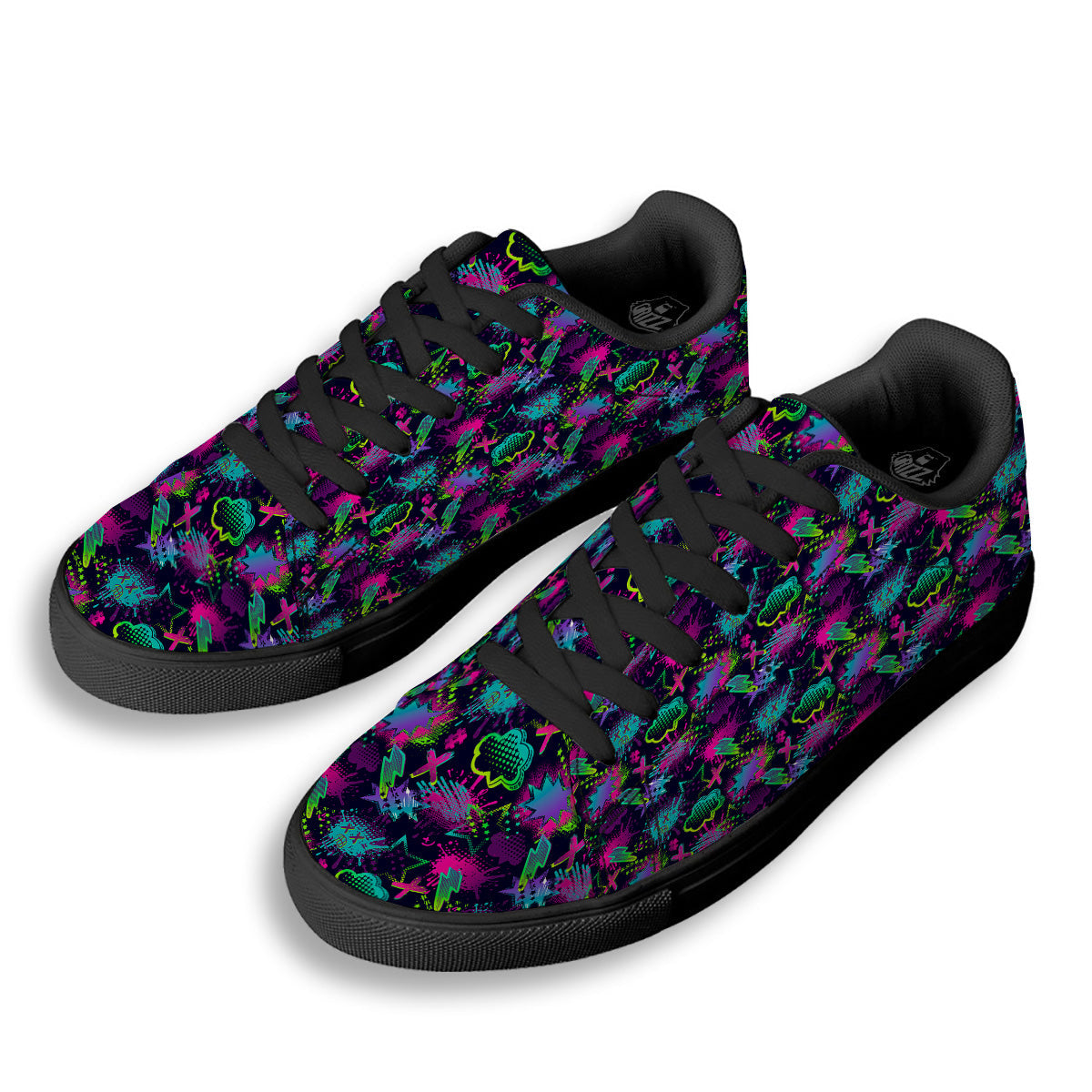 Abstract Graffiti Emoji Print Pattern Black Low Top Sneakers-grizzshop