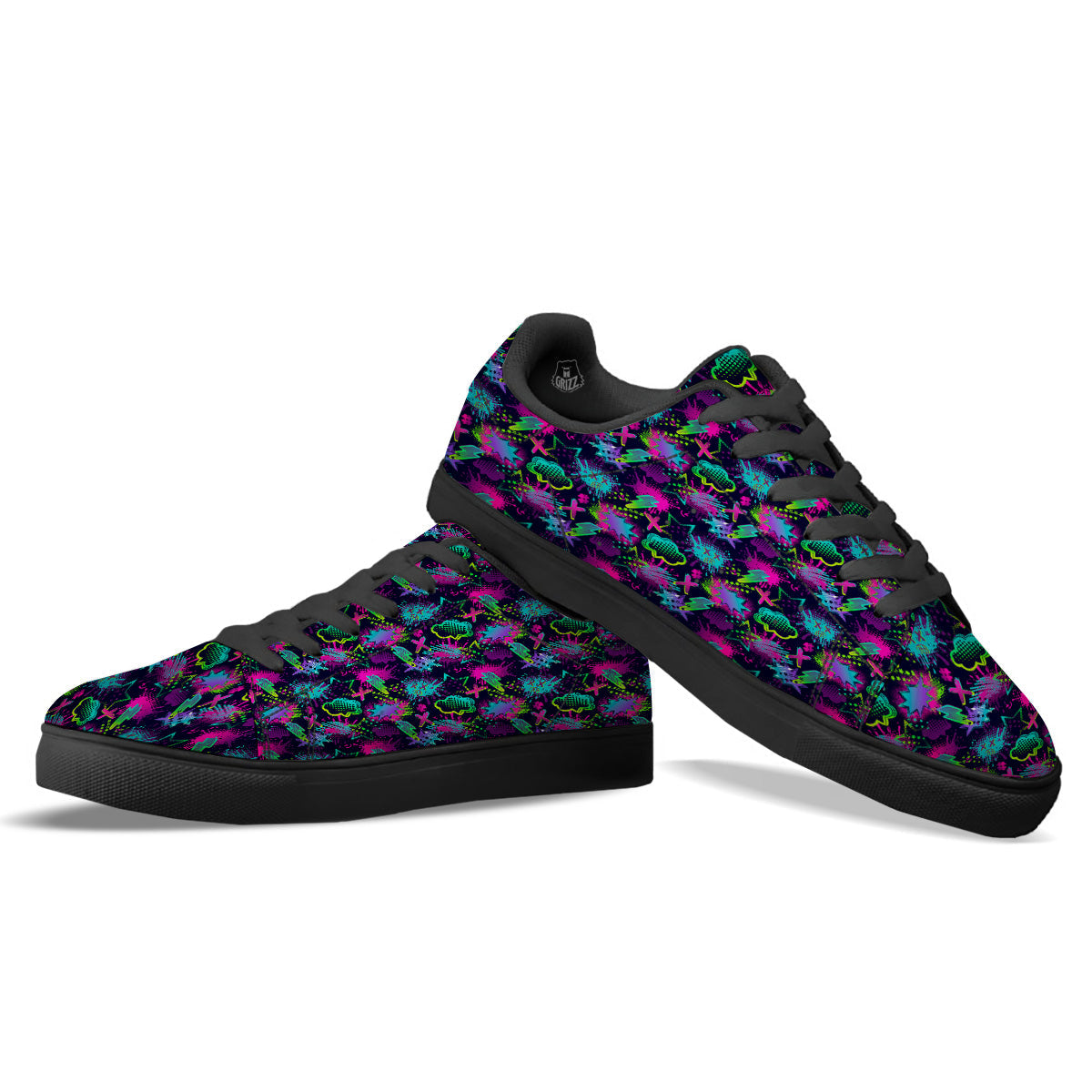 Abstract Graffiti Emoji Print Pattern Black Low Top Sneakers-grizzshop