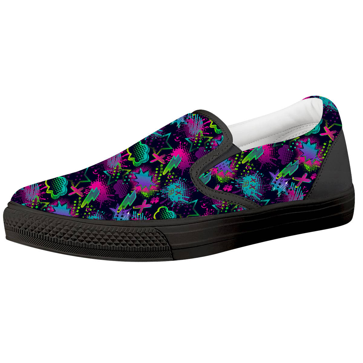 Abstract Graffiti Emoji Print Pattern Black Slip On Shoes-grizzshop