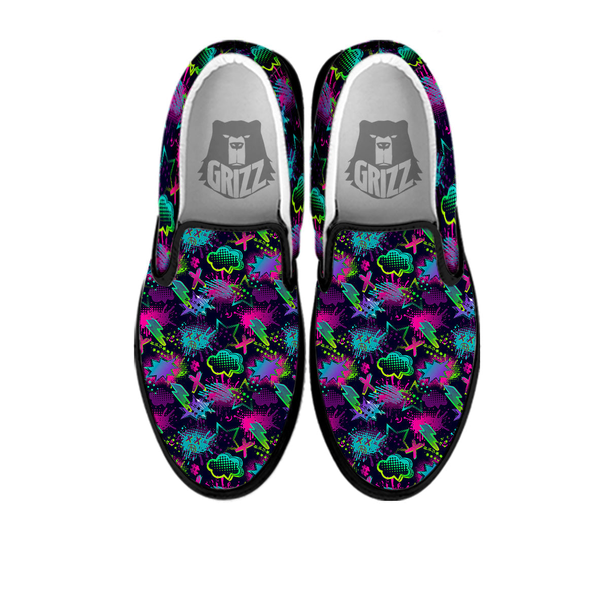 Abstract Graffiti Emoji Print Pattern Black Slip On Shoes-grizzshop