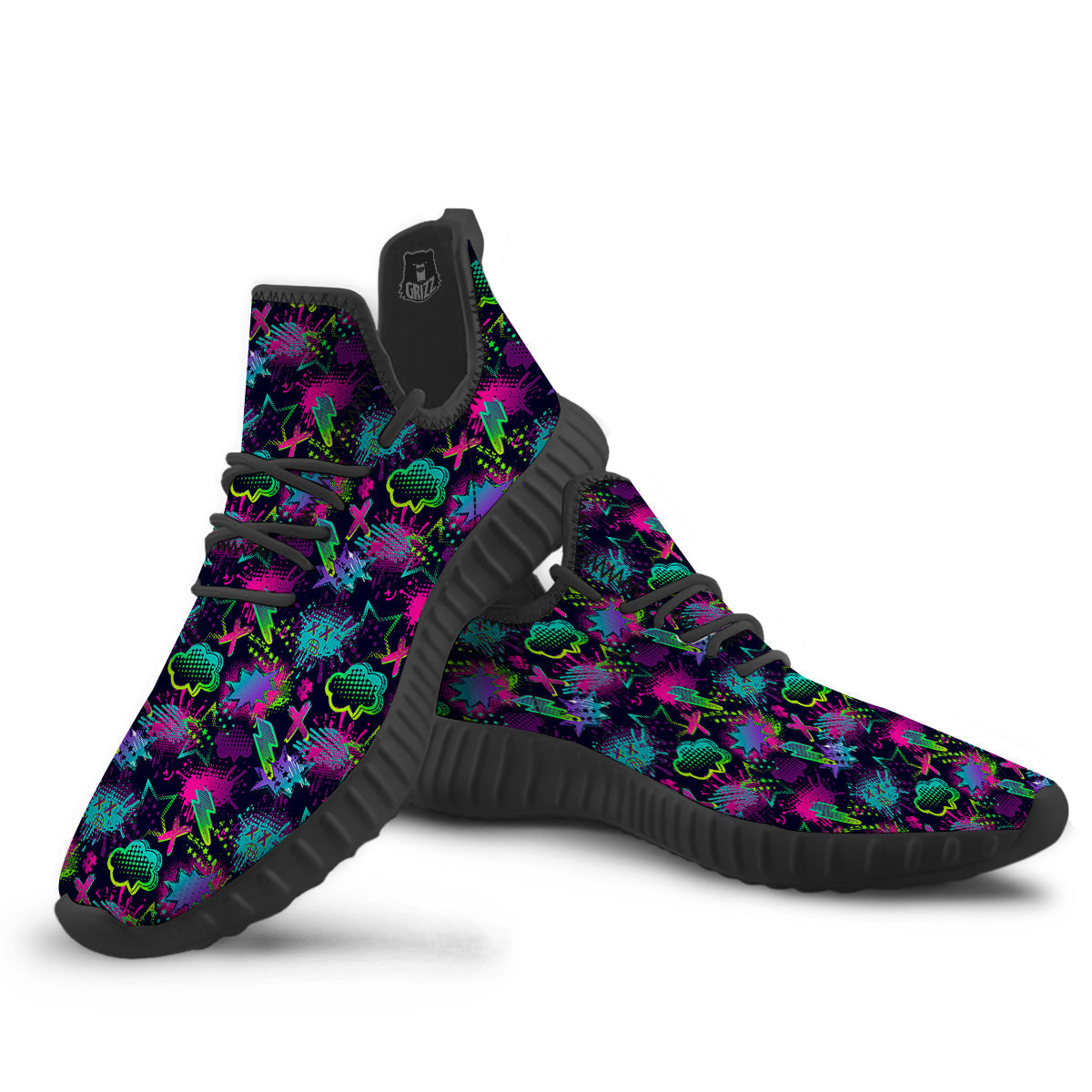Abstract Graffiti Emoji Print Pattern Black Walking Shoes-grizzshop